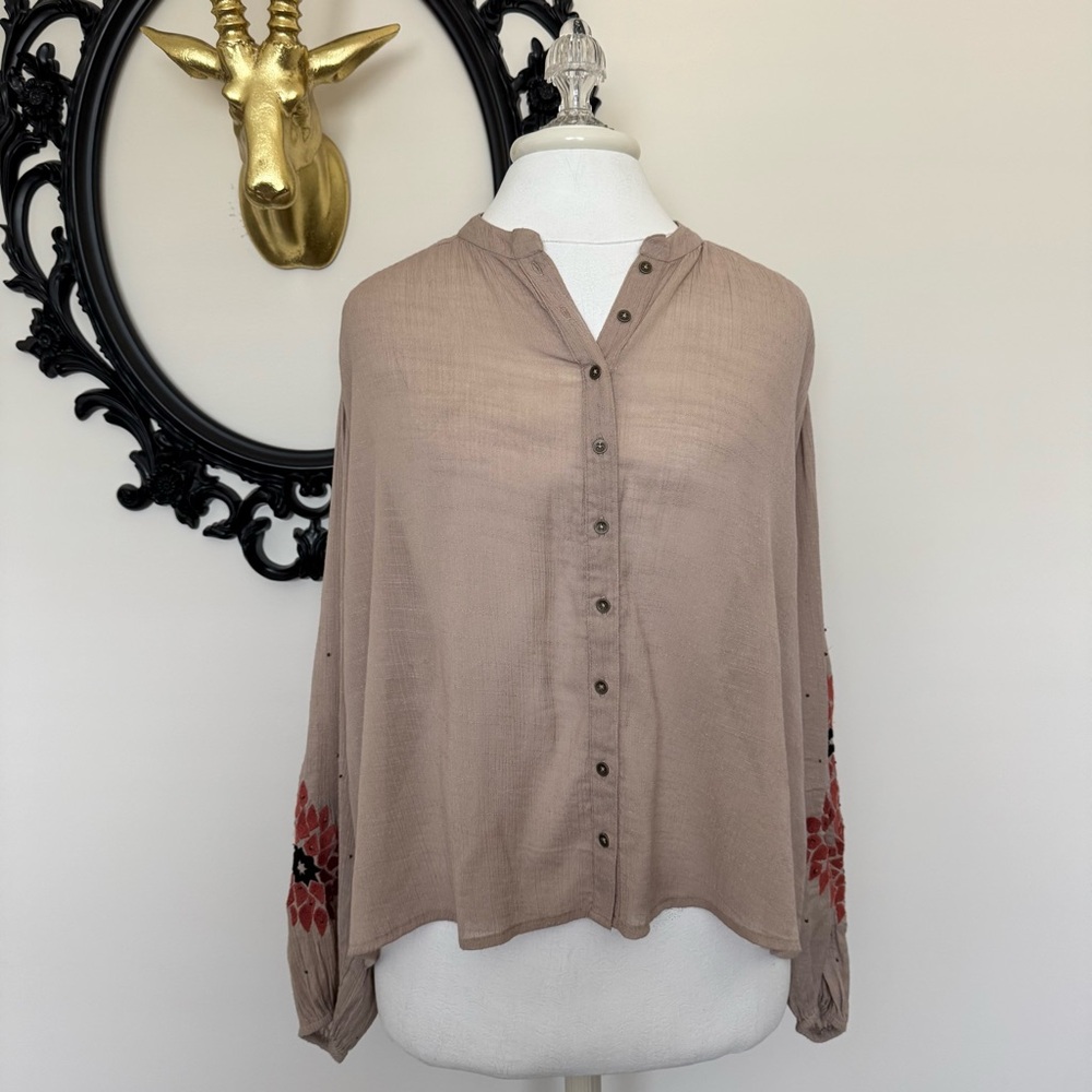 Black Swan Bohemian Button-Up Blouse with Embroidered Sleeves